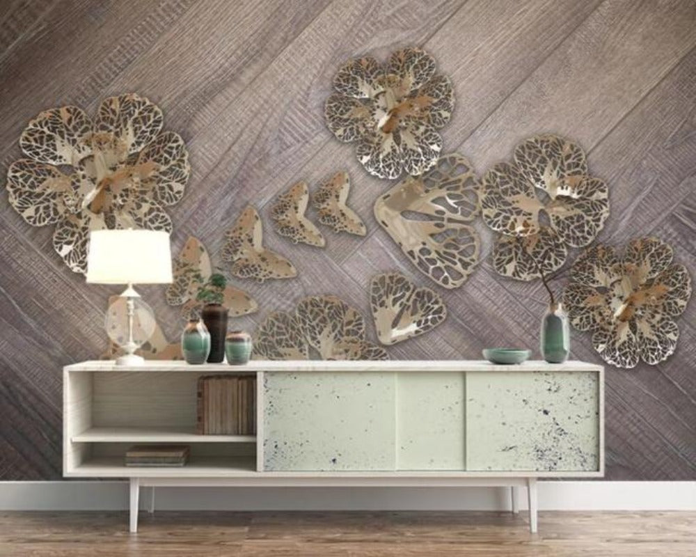 3D Wallpaper Wood Golden Leaves